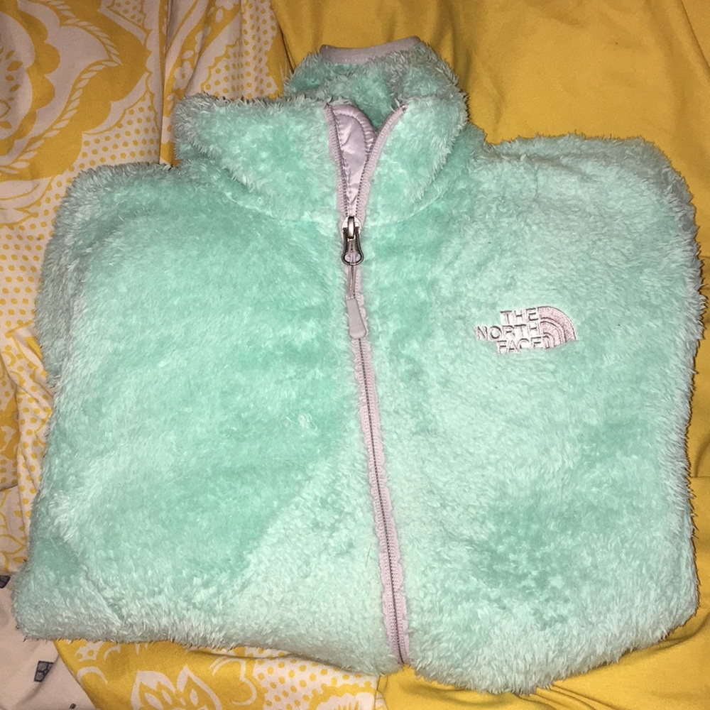 Mint green fuzzy Northface jacket